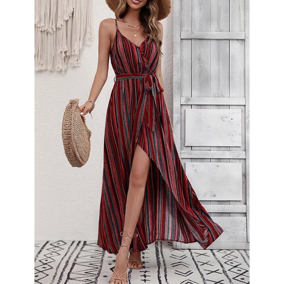 . Dresses & Skirts - Multicolor Boho Womens Striped Print Split Thigh Belted Cami Dress